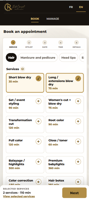 HMF Booking public booking service selection screenshot