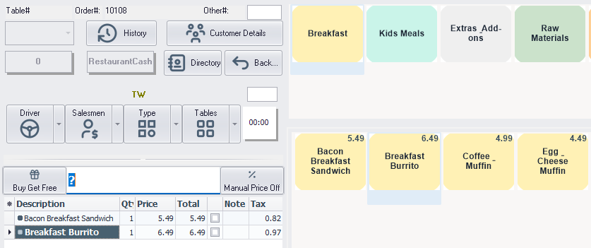 HMF Restaurant POS order screen with categories, item buttons, taxes, discounts, and payment
