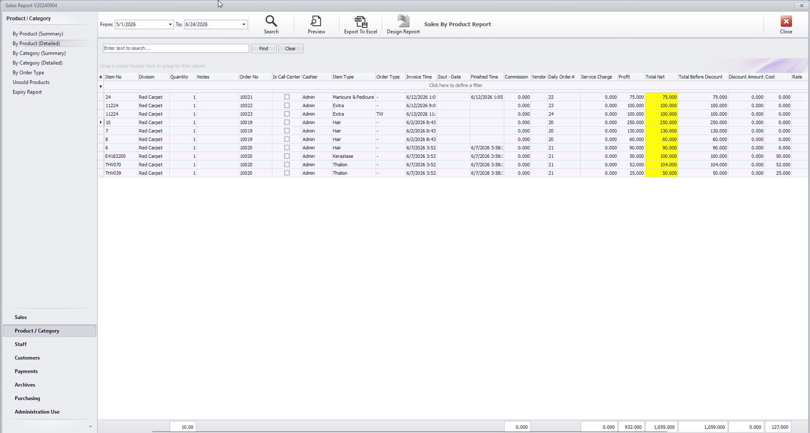 HMF Salon POS sales report screen